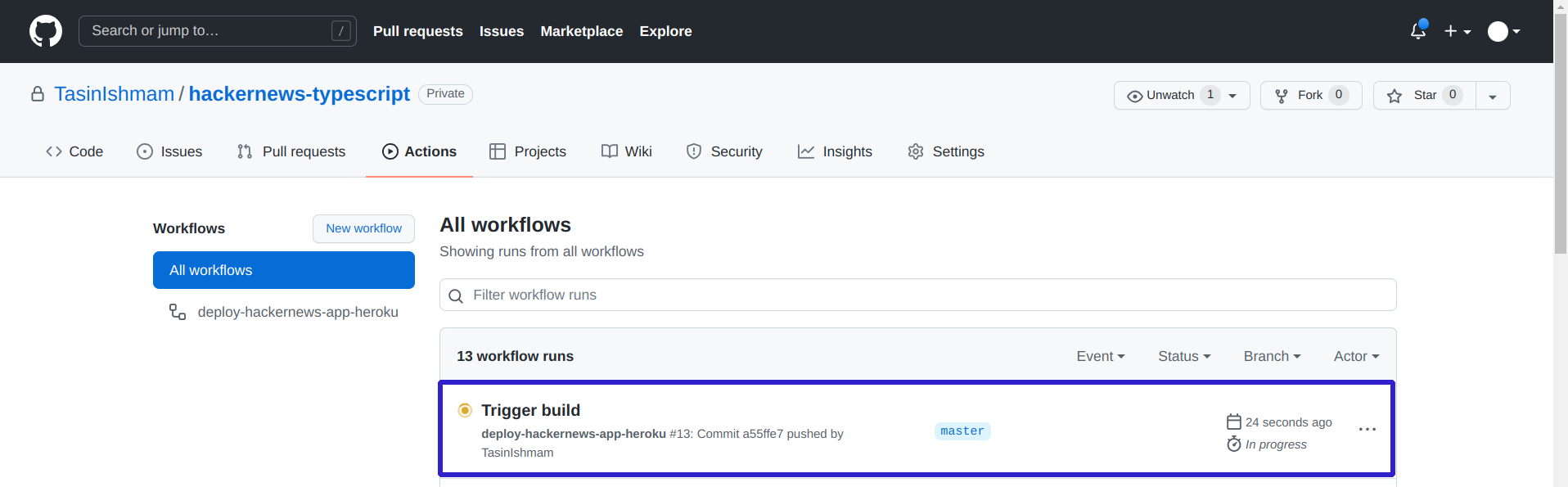 Workflow in progress in the Actions tab