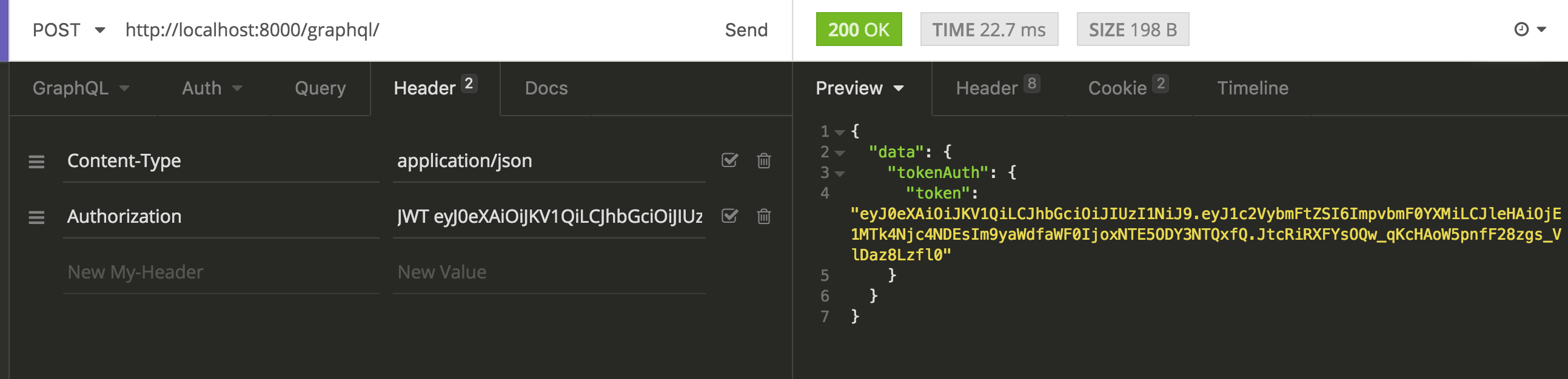 Under the Header tab on Insomnia, add the AUTHORIZATION HTTP header with your token content, prefixed by the word JWT