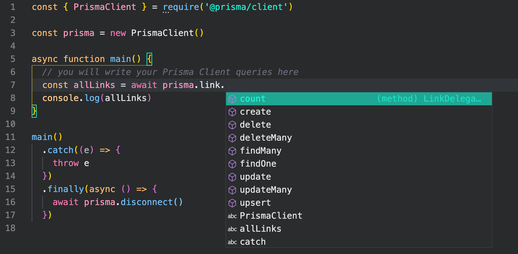typing prisma. and prisma.link.